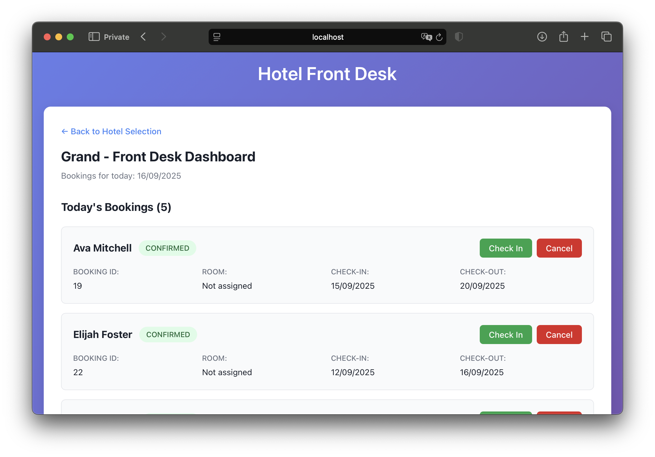 Front desk app main screen Front desk app main screen