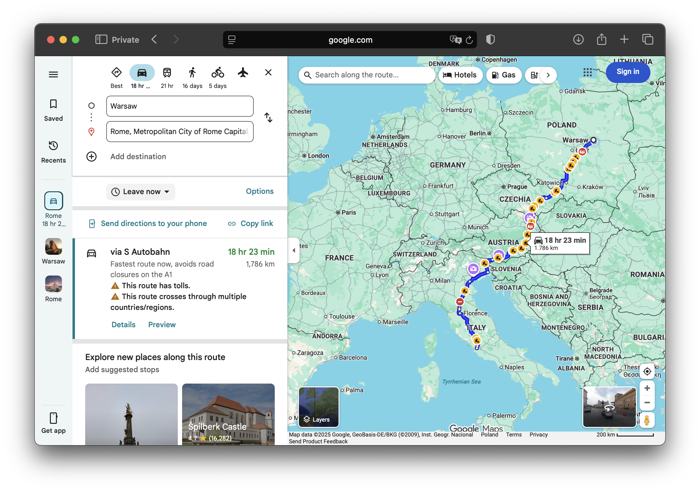 Driving map from Warsaw to Rome